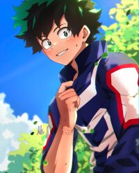 Rule 34 | 129akopricot, 1boy, absurdres, blurry, blurry foreground, blush, boku no hero academia, bright pupils, chromatic aberration, clothes grab, cloud, commentary, day, depth of field, falling leaves, freckles, from side, green eyes, green hair, hand up, high collar, highres, jacket, jacket grab, leaf, light, looking at viewer, looking to the side, male focus, midoriya izuku, multiple scars, open collar, outdoors, scar, scar on arm, scar on hand, short hair, sidelighting, signature, sleeves rolled up, smile, soft focus, solo, sunlight, sweat, track jacket, u.a. gym uniform, upper body, white pupils