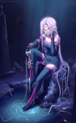 Rule 34 | 1girl, boots, breasts, chain, cleavage, dress, elbow gloves, facial mark, fate/stay night, fate (series), fingerless gloves, forehead mark, full body, gloves, highres, long hair, medusa (fate), medusa (rider) (fate), nameless dagger (fate), pillar, purple eyes, purple hair, rimuu, sitting, snake, solo, square pupils, strapless, strapless dress, thigh boots, thighhighs, very long hair, weapon, zettai ryouiki