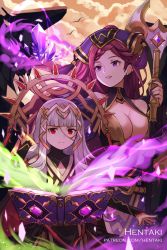 animal artist_name bird black_dress black_sleeves blunt_bangs book breasts cleavage closed_mouth cloud cloudy_sky commentary covered_collarbone crystal detached_sleeves dragalia_lost dress english_commentary fire_emblem grey_hair headpiece hentaki highres holding holding_weapon light_smile loki_(dragalia_lost) long_hair long_sleeves looking_at_viewer medium_breasts nintendo open_book outdoors parted_lips purple_eyes purple_hair purple_headwear red_eyes sky sleeveless sleeveless_dress sleeves_past_wrists veronica_(fire_emblem) very_long_hair watermark weapon web_address