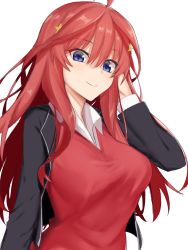 Rule 34 | 1girl, ahoge, blue eyes, blush, breasts, closed mouth, commentary request, elfenlied22, go-toubun no hanayome, hair between eyes, hair ornament, highres, large breasts, long hair, looking at viewer, nakano itsuki, red hair, shirt, simple background, smile, solo, star (symbol), star hair ornament, white background, white shirt
