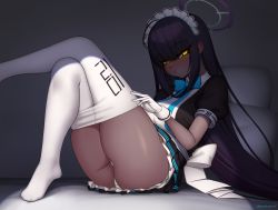 Rule 34 | 1girl, ahoge, ass, black hair, blue archive, blue bow, blue bowtie, bow, bowtie, breasts, clothes pull, commentary, crossed legs, dark-skinned female, dark skin, eyes visible through hair, gloves, halo, karin (blue archive), kuroonehalf, large breasts, long hair, looking at viewer, maid headdress, no shoes, panties, pantyhose, pantyhose pull, pantyshot, pillow, puffy short sleeves, puffy sleeves, short sleeves, sitting, solo, thighs, underwear, very dark skin, very long hair, white gloves, white panties, white pantyhose, yellow eyes