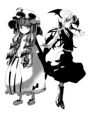 Rule 34 | 2girls, arms up, book, crescent, crescent hat ornament, full body, greyscale, hat, hat ornament, head wings, koakuma, long hair, long sleeves, looking at viewer, looking to the side, monochrome, multiple girls, outstretched arms, patchouli knowledge, polpol, simple background, smile, standing, touhou, white background, wings
