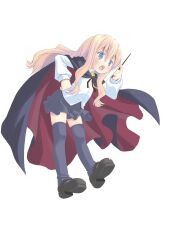 Rule 34 | 1girl, absurdres, alternate hair color, angry, black cloak, black footwear, black skirt, black thighhighs, blonde hair, blue eyes, blush, cloak, flat chest, full body, highres, holding, holding wand, long hair, louise francoise le blanc de la valliere, mary janes, open mouth, pop (electromagneticwave), shoes, simple background, skirt, solo, thighhighs, wand, white background, zero no tsukaima, zettai ryouiki