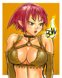 Rule 34 | 1girl, blush, breasts, cleavage, itou eito, large breasts, lowres, orange eyes, pointy ears, red hair, short hair, solo