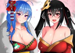 Rule 34 | 2girls, :d, azur lane, black hair, blue hair, breasts, chinese clothes, cleavage, fur collar, hair ornament, highres, large breasts, looking at viewer, multiple girls, open mouth, petals, purple eyes, red eyes, smile, st. louis (azur lane), st. louis (spirits in the snow) (azur lane), taihou (azur lane), the only shoe, twintails