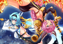 Rule 34 | 2girls, aiming, aiming at viewer, animal ears, aqua hair, ass, atawatsho, bare back, blue eyes, braid, breasts, claymore (sword), commentary, crossover, dual wielding, english commentary, eula (genshin impact), fighting stance, fire, from behind, genshin impact, granblue fantasy, greatsword, grey eyes, gun, hair between eyes, hair ornament, hairband, handgun, highres, holding, holding sword, holding weapon, ice, long hair, looking at viewer, low ponytail, multiple girls, purple hair, satou rina, short hair, sideboob, sidelocks, smile, sword, tien (granblue fantasy), trigger discipline, upside-down, voice actor connection, weapon