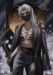 Rule 34 | artist name, bra, commentary, cowboy shot, earrings, english commentary, grey eyes, holding, holding sword, holding weapon, hoop earrings, jacket, jewelry, katana, looking at viewer, mask, mouth mask, navel, original, pants, ponytail, ribs, serpentigena, sheath, sheathed, shoulder pads, silver hair, simple background, suit jacket, sword, underwear, weapon