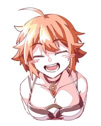 Rule 34 | 1girl, :d, ahoge, akan (azure samu), black collar, breasts, character request, check character, cleavage, closed eyes, collar, collarbone, commentary, cropped torso, drawn whiskers, facing viewer, fiora (xenoblade), medium breasts, open mouth, orange hair, simple background, smile, solo, upper body, white background, xenoblade chronicles (series), xenoblade chronicles 1