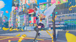 Rule 34 | :d, absurdres, ai kotoba iv (vocaloid), balloon, black footwear, black skirt, black sleeves, black thighhighs, blue hair, blue nails, blue necktie, blue sky, blush, bouquet, building, cityscape, collared shirt, confetti, crosswalk, day, detached sleeves, dot nose, feathered wings, flower, from side, full body, ghost rule (vocaloid), grin, hair between eyes, hand on own cheek, hand on own face, hand up, hatsune miku, heart balloon, high heels, highres, holding, holding bouquet, hugging object, lamppost, long hair, long sleeves, looking at viewer, miniskirt, nail polish, necktie, one eye closed, open mouth, orange flower, outdoors, pink flower, pleated skirt, reflection, road sign, scenery, shibuya (tokyo), shirt, sidelocks, sign, skirt, sky, skyscraper, sleeveless, sleeveless shirt, smile, songover, teeth, thighhighs, tokyo (city), traffic light, turu, twintails, utility pole, very long hair, vocaloid, white shirt, white wings, wide shot, winged footwear, wings, yellow flower, zettai ryouiki