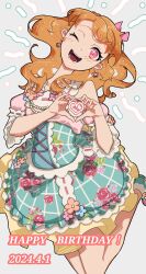 Rule 34 | 1girl, ;d, aikatsu!, aikatsu! (series), bare legs, bare shoulders, blue dress, bow, checkered clothes, checkered dress, dated, detached sleeves, dot nose, dress, floating hair, floral print, frilled dress, frills, grey background, hair bow, happy birthday, head tilt, heart, heart hands, highres, idol, jumping, long hair, long neck, looking at viewer, medium dress, one eye closed, open mouth, orange hair, ozora akari, pink bow, puffy short sleeves, puffy sleeves, red eyes, rira (rira illust), short sleeves, smile, solo