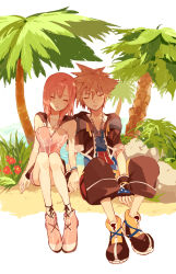 Rule 34 | 1boy, 1girl, blouse, blue shirt, brown hair, commentary request, dress, hair between eyes, holding hands, interlocked fingers, jewelry, kairi (kingdom hearts), kingdom hearts, kingdom hearts ii, medium hair, necklace, palm tree, plant, ramochi (auti), red hair, shirt, short hair, sitting, sora (kingdom hearts), spiked hair, tree, white background
