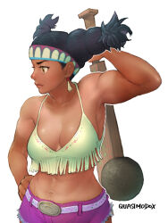 Rule 34 | 1girl, abs, aged up, alternate costume, black hair, breasts, bunches, capcom, cleavage, club (weapon), commentary, crop top, cutoffs, dark-skinned female, dark skin, english commentary, hand on own hip, headband, holding, holding club, holding weapon, large breasts, lily hawk, long hair, midriff, muscular, muscular female, native american, navel, over shoulder, pogamoggan, purple shorts, quasimodox, shorts, solo, spaghetti strap, street fighter, street fighter 6, tan, tanline, tassel, twintails, weapon, weapon over shoulder