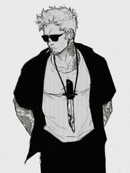 Rule 34 | 1boy, cigarette, constantine, cowboy shot, dagger, facial hair, goatee, greyscale, highres, jewelry, john constantine, knife, looking to the side, male focus, mature male, monochrome, necklace, pedro renji, shirt, short hair, solo, standing, sunglasses, t-shirt, tattoo, weapon