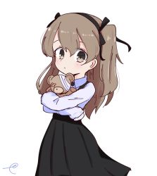 Rule 34 | 10s, 1girl, bandage over one eye, black bow, black hairband, black skirt, blush, boko (girls und panzer), bow, brown eyes, brown hair, closed mouth, collared shirt, commentary request, girls und panzer, hair between eyes, hair bow, hairband, high-waist skirt, highres, kujou karasuma, long hair, long sleeves, hugging object, shimada arisu, shirt, signature, simple background, skirt, sleeves past fingers, sleeves past wrists, solo, stuffed animal, stuffed toy, suspender skirt, suspenders, teddy bear, very long hair, white background, white shirt