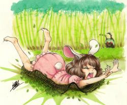 Rule 34 | 2girls, animal ears, bamboo, bamboo forest, barefoot, brown hair, buck teeth, derivative work, dress, closed eyes, falling, floppy ears, forest, full body, glowing, glowing eyes, inaba tewi, irony, isaki tanaka, leaf, multiple girls, nature, open mouth, photo-referenced, pink dress, puffy sleeves, rabbit ears, rabbit girl, rabbit tail, reisen udongein inaba, short hair, short sleeves, signature, tail, teeth, touhou, traditional media, upper teeth only