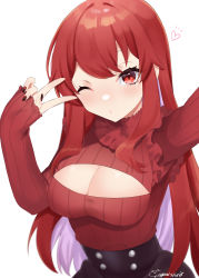 Rule 34 | 1girl, abe suke, absurdres, black skirt, blush, breasts, cleavage, cleavage cutout, closed mouth, clothing cutout, hand up, heart, high-waist skirt, highres, long hair, long sleeves, looking at viewer, medium breasts, meme attire, nail polish, one eye closed, open-chest sweater, original, red eyes, red hair, red sweater, selfie, signature, simple background, skirt, sleeves past wrists, solo, sweater, v over eye, very long hair, white background