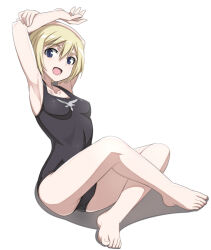 Rule 34 | 1girl, armpits, black one-piece swimsuit, blonde hair, blue eyes, blush, breasts, erica hartmann, looking at viewer, nanashino, one-piece swimsuit, open mouth, short hair, small breasts, smile, solo, strike witches, swimsuit, world witches series