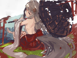 Rule 34 | 1girl, animal ears, back bow, backless outfit, bare back, black umbrella, blunt bangs, bow, closed mouth, detached sleeves, fox ears, fox girl, fox tail, grass, grey hair, hair ornament, holding, holding umbrella, long hair, long sleeves, looking at viewer, looking back, oil-paper umbrella, on grass, original, red bow, red eyes, red skirt, sitting, sketch, skirt, solo, tail, umbrella, water, wide sleeves, yuuji (yukimimi)