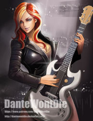 Rule 34 | 1girl, :d, artist name, black jacket, blonde hair, blue eyes, breasts, brown shirt, cleavage, collarbone, contrapposto, cowboy shot, dantewontdie, guitar, holding, instrument, jacket, large breasts, leather, leather jacket, light rays, light smile, lips, long hair, multicolored hair, music, my little pony, my little pony: equestria girls, my little pony: friendship is magic, nail polish, open mouth, orange hair, pantyhose, parted lips, playing instrument, purple pantyhose, red nails, shirt, smile, solo, stage lights, standing, streaked hair, sunset shimmer, unzipped, watermark, web address