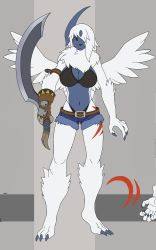 Rule 34 | 1girl, absol, artist request, arty edit, bikini, breasts, creatures (company), female focus, furry, furry female, game freak, gen 3 pokemon, gloves, highres, horn, large breasts, mega absol, mega evolution, mega pokemon, nintendo, pokemon, pokemon (creature), red eyes, shorts, single glove, solo, source, source request, swimsuit, weapon, white fur, wings