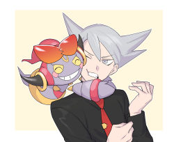 Rule 34 | 1boy, adjusting sleeves, black shirt, borrowed clothes, cheek squash, clenched teeth, commentary request, creatures (company), game freak, gen 6 pokemon, grey eyes, grey hair, hand up, highres, hoopa, hoopa (confined), lear (pokemon), legendary pokemon, long sleeves, male focus, mythical pokemon, necktie, nintendo, pokemon, pokemon (creature), pokemon masters ex, red necktie, shirt, spiked hair, sunglasses, teeth, upper body, yuusya27