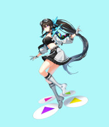 Rule 34 | 1girl, absurdres, aqua background, bai winchester, black hair, black skirt, black tube top, blue bow, blue jacket, boots, bow, breasts, closers, cropped jacket, eyewear on head, foot up, frilled skirt, frills, from side, full body, gloves, goggles, goggles on head, hair bow, hands up, heterochromia, highres, jacket, knee boots, large breasts, long hair, long sleeves, looking to the side, midriff, multicolored clothes, multicolored jacket, official art, open clothes, open jacket, outstretched arms, parted lips, partially fingerless gloves, play button, pointing, ponytail, puffy long sleeves, puffy sleeves, purple eyes, red eyes, skirt, solo, spread arms, strapless, tachi-e, tube top, two-tone jacket, two-tone skirt, very long hair, white footwear, white gloves, white jacket, white skirt, zipper, zipper pull tab