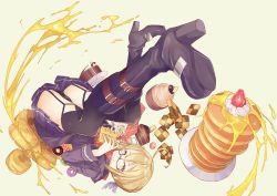 Rule 34 | 1girl, ahoge, artoria pendragon (all), artoria pendragon (fate), black-framed eyewear, black footwear, black panties, black thighhighs, blonde hair, blue skirt, boots, cake, checkerboard cookie, closed mouth, coat, cookie, cupcake, doughnut, duffel coat, eating, fate/grand order, fate (series), food, food on face, french cruller, fruit, furisuku, garter straps, glasses, hair between eyes, high heel boots, high heels, knee boots, looking at viewer, mysterious heroine x alter (fate), mysterious heroine x alter (first ascension) (fate), open clothes, open coat, pancake, panties, pantyshot, plaid, plaid scarf, plate, pleated skirt, red scarf, saber (fate), scarf, school uniform, semi-rimless eyewear, serafuku, short hair with long locks, sidelocks, simple background, skirt, solo, strawberry, sweets, syrup, thighhighs, thighs, under-rim eyewear, underwear, upside-down, waffle, whipped cream