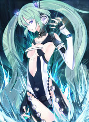 Rule 34 | 1girl, album cover, alternate costume, aqua hair, armpits, bad id, bad pixiv id, breasts, cleavage, cover, fingerless gloves, gloves, hatsune miku, headphones, long hair, purple eyes, small breasts, solo, twintails, very long hair, vocaloid, yuna (rutera)