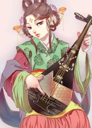 Rule 34 | 1girl, asuka period, biwa lute, blue eyes, brown hair, female focus, instrument, japanese clothes, lute (instrument), original, solo, suwa (artist)