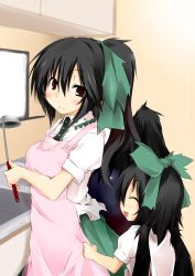 Rule 34 | 2girls, aged down, apron, black hair, blush, bow, cape, child, dd mayohara, female focus, hair bow, housewife, kitchen, kokuu haruto, ladle, long hair, mature female, mother and daughter, multiple girls, original, ponytail, red eyes, reiuji utsuho, smile, touhou, wings
