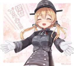 Rule 34 | 1girl, anchor hair ornament, black jacket, blonde hair, cross, closed eyes, gloves, hair ornament, hat, iron cross, jacket, kantai collection, low twintails, military, military hat, military uniform, one-hour drawing challenge, ootori (kyoya-ohtori), peaked cap, prinz eugen (kancolle), remodel (kantai collection), solo, sparkle, translated, twintails, uniform, upper body, white gloves