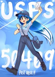 Rule 34 | 1girl, absurdres, baseball cap, belt, black footwear, collared shirt, english text, hat, highres, letter, long hair, looking at viewer, mail, mailbag, mailman, multicolored hair, original, pants, personification, red eyes, shirt, short sleeves, smile, solarcitrus, solo, united states postal service, usps-chan