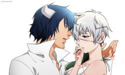 Rule 34 | akame ga kill!, artist name, blue eyes, blue hair, breasts, cigarette, closed mouth, couple, eyepatch, facial hair, horns, image sample, large breasts, looking down, mechanical arms, najenda, open mouth, profile, purple eyes, sad, shirt, short hair, silver hair, simple background, single mechanical arm, string, string of fate, susanoo (akame ga kill!), tomboy, tumblr sample, tumblr username, white background, white shirt