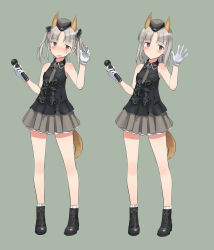 Rule 34 | 1girl, 502nd joint fighter wing (emblem), adapted costume, alternate hairstyle, animal ears, black footwear, blush, boots, bow, brave witches, edytha rossmann, fox ears, fox tail, full body, garrison cap, gloves, hair bow, hair up, hat, idol, looking at viewer, microphone, multiple views, necktie, open mouth, shimada fumikane, short hair, silver hair, simple background, skirt, sleeveless, smile, standing, tail, twintails, white gloves, world witches series