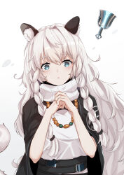 1girl :&lt; absurdres animal_ear_fluff animal_ears arknights bead_necklace beads bell belt black_belt black_jacket blue_eyes blush braid chinese_commentary closed_mouth commentary hair_between_eyes hair_tie highres jacket jewelry long_hair looking_at_viewer necklace open_clothes open_jacket own_hands_together pramanix_(arknights) shirt short_sleeves side_braids solo turtleneck twin_braids upper_body white_background white_hair white_shirt wide_sleeves xiamianhaiya