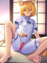 Rule 34 | 1girl, ambiguous red liquid, animal ear fluff, animal ears, barefoot, blonde hair, blush, breasts, commentary request, feet, fox ears, fox girl, fox tail, full body, green ribbon, grin, hair between eyes, heart, heart-shaped pupils, highres, indoors, kudamaki tsukasa, looking at viewer, on floor, ribbon, romper, seductive smile, short hair, sitting, small breasts, smile, soles, solo, symbol-shaped pupils, tail, tarmo, tatami, test tube, touhou, white romper