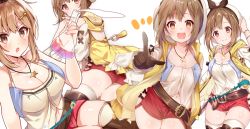 Rule 34 | 1girl, atelier (series), atelier ryza, atelier ryza 1, bad id, bad twitter id, beret, blush, breasts, brown eyes, brown hair, cleavage, hair ornament, hairclip, hat, jewelry, large breasts, looking at viewer, medium breasts, navel, omuretsu, pendant, pointing, reisalin stout, shorts, smile, thighhighs, vial
