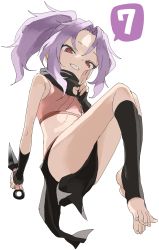 Rule 34 | 1girl, absurdres, bare shoulders, black gloves, black socks, commentary request, crop top, fingerless gloves, forehead, full body, gloves, grin, hand up, highres, holding, holding weapon, kneehighs, kuji-in, kunai, kunoichi tsubaki no mune no uchi, looking at viewer, no shoes, parted bangs, pelvic curtain, ponytail, purple hair, red eyes, ringed eyes, sazanka (kunoichi tsubaki no mune no uchi), sidelocks, simple background, smile, socks, solo, stirrup legwear, toeless legwear, weapon, white background, yamamoto souichirou