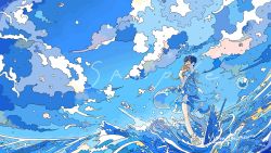 Rule 34 | 1girl, blue sky, blue theme, bubble, cloud, dress, highres, nara lalana, ocean, original, sample watermark, scenery, short hair, sky, solo, water, watermark, waves, wide shot