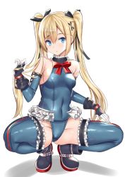 Rule 34 | 1girl, bad id, bad twitter id, bare shoulders, black ribbon, blonde hair, blue eyes, blue leotard, blue one-piece swimsuit, blue thighhighs, blush, breasts, closed mouth, commentary request, covered navel, dead or alive, dead or alive 5, detached sleeves, frilled leotard, frills, full body, hair between eyes, hair ornament, hair ribbon, highres, holding, holding own hair, kanikou, leotard, long hair, looking at viewer, marie rose, one-piece swimsuit, ribbon, shoes, simple background, skin tight, small breasts, solo, spread legs, squatting, swimsuit, thighhighs, twintails, white background, x hair ornament