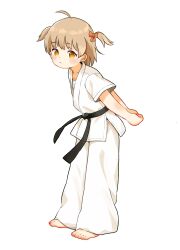 Rule 34 | 1girl, absurdres, ahoge, arms behind back, barefoot, belt, black belt, bow, brown hair, chinese commentary, commentary request, dougi, hair bow, highres, kuma-bound, leaning forward, looking at viewer, martial arts belt, medium hair, orange bow, original, pants, short twintails, simple background, solo, standing, toes, twintails, white background, white pants, yellow eyes