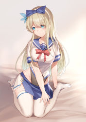 Rule 34 | 1girl, arm support, bison cangshu, blonde hair, blue bow, blue eyes, blue sailor collar, blue skirt, blush, bow, bowtie, breasts, character request, closed mouth, collarbone, commentary, crop top, expressionless, full body, groin, hair bow, hair ornament, hairband, highres, large breasts, long hair, looking to the side, miniskirt, no shoes, pleated skirt, red bow, red bowtie, sailor collar, school uniform, serafuku, short sleeves, sidelocks, sitting, skindentation, skirt, solo, symbol-only commentary, thighhighs, wariza, warship girls r, white thighhighs