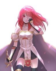 Rule 34 | 1girl, arm guards, armor, bad id, bad twitter id, black gloves, breastplate, cape, celica (fire emblem), corruption, dark persona, detached collar, dress, fingerless gloves, fire emblem, fire emblem echoes: shadows of valentia, gloves, hand on own face, highres, holding, holding sword, holding weapon, long hair, nintendo, parted lips, possessed, possession, red armor, red eyes, red hair, repu (rep sha), simple background, solo, sword, thighhighs, weapon, white armor, white background, zettai ryouiki