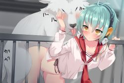 Rule 34 | 1girl, akahaneko, anal, bent over, bestiality, blush, bottomless, dog, doggystyle, ear protection, green hair, hidan no aria, highres, long sleeves, neckerchief, pussy, red neckerchief, red sailor collar, reki (hidan no aria), sailor collar, sailor shirt, sex, sex from behind, shirt, solo, sound effects, sweat, white fur, yellow eyes