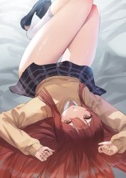 Rule 34 | 1girl, arms up, bare legs, hair spread out, highres, idolmaster, idolmaster shiny colors, knees up, looking at viewer, lying, on back, osaki tenka, pepeo, plaid, plaid skirt, red hair, school uniform, skirt, solo, thighs, upside-down