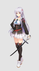 Rule 34 | 1girl, absurdres, belt, black thighhighs, boots, breasts, brown eyes, closed mouth, collarbone, corset, crescent, crescent hair ornament, full body, grey background, hair between eyes, hair ornament, highres, holding, holding sword, holding weapon, long hair, long sleeves, looking at viewer, medium breasts, muji (majunduo), original, pleated skirt, ribbon-trimmed legwear, ribbon trim, school uniform, serafuku, sheath, silver hair, simple background, skirt, solo, standing, sword, thighhighs, very long hair, weapon, white footwear, white skirt