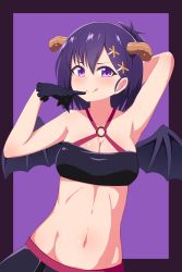 Rule 34 | 1girl, :q, arm behind head, armpits, bad id, bad twitter id, bare shoulders, black gloves, border, breasts, cleavage, demon girl, demon horns, demon wings, gabriel dropout, gloves, groin, hair ornament, hallelujah essaim, highres, horns, looking at viewer, medium breasts, midriff, navel, nyaroon, o-ring, o-ring top, outside border, purple background, purple border, purple eyes, purple hair, short hair, simple background, solo, stomach, strapless, tongue, tongue out, tube top, upper body, vignette tsukinose april, wings, x hair ornament