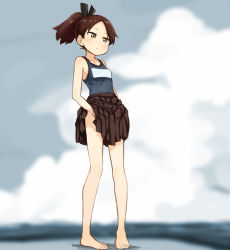 Rule 34 | 10s, 1girl, abe kanari, barefoot, brown hair, collarbone, full body, gradient background, kantai collection, one-piece swimsuit, pleated skirt, ponytail, school swimsuit, shikinami (kancolle), sketch, skirt, solo, swimsuit, yellow eyes