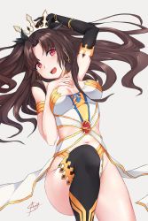 Rule 34 | 1girl, aori sora, asymmetrical clothes, asymmetrical gloves, black hair, black ribbon, black thighhighs, bridal gauntlets, crown, earrings, elbow gloves, fate/grand order, fate (series), gloves, hair ornament, hair ribbon, highres, hoop earrings, ishtar (fate), jewelry, looking at viewer, lying, on back, open mouth, red eyes, ribbon, simple background, single bridal gauntlet, single elbow glove, single glove, single thighhigh, solo, thighhighs, tohsaka rin, two side up, uneven gloves
