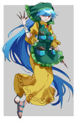 Rule 34 | 1girl, apron, arm ribbon, barefoot, blue hair, blue ribbon, border, chisel, dress, flower, full body, green apron, green headwear, hair over one eye, haniyasushin keiki, head scarf, highres, holding, jewelry, long hair, magatama, magatama necklace, miko (miko030751), necklace, one-hour drawing challenge, open mouth, red eyes, ribbon, sandals, short sleeves, single strap, smile, solo, touhou, white border, white flower, wood carving tool, yellow dress